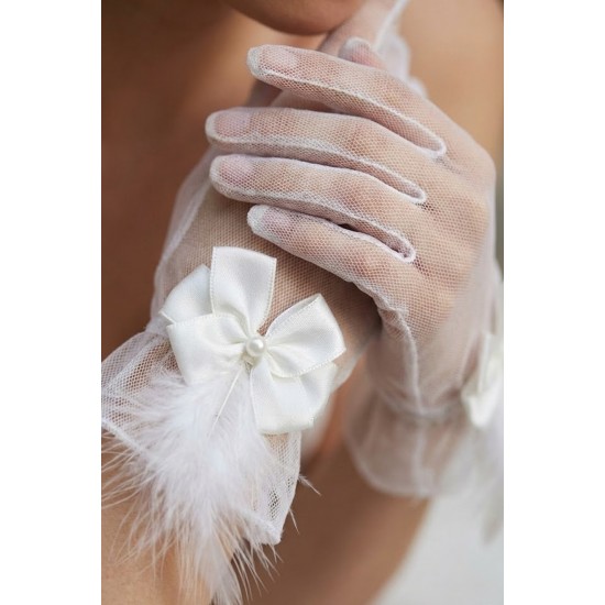 Feather Charm Beyaz T&uuml;l Gelin Eldiveni &ndash; İnci Fiyonk Detaylı L&uuml;ks Nikah & D&uuml;ğ&uuml;n Aksesuarı-FEATHER-2