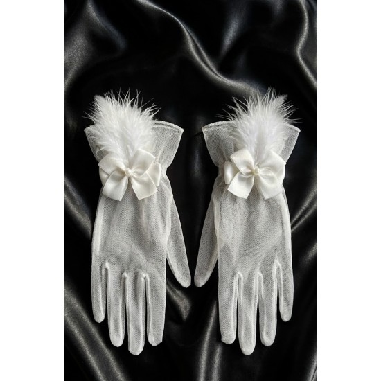 Feather Charm Beyaz T&uuml;l Gelin Eldiveni &ndash; İnci Fiyonk Detaylı L&uuml;ks Nikah & D&uuml;ğ&uuml;n Aksesuarı-FEATHER-2