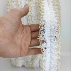 Beyaz Sarı Simli Dantelli Fırfır Kurdele-FK-102