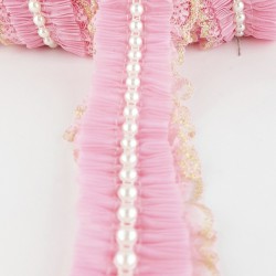 Pembe Sarı İncili Sim Dantel Plise Fırfır-FK-1043