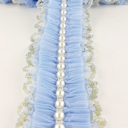 Mavi İncili Sim Dantel Plise Fırfır-FK-1047