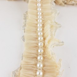 Bej Rengi İncili Sim Dantel Plise Fırfır-FK-1048