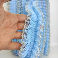 Mavi Sarı Simli Dantelli Fırfır Kurdele-FK-109