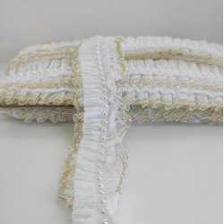 Beyaz Sarı Simli İncili Fırfır Kurdele-FK-128