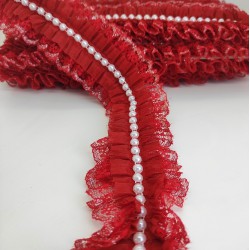 Kırmızı Dantelli İncili Fırfır Kurdele-FK-130