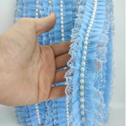 Mavi Gümüş Simli İncili Fırfır Kurdele-FK-136