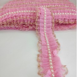 Pembe Sarı Simli İncili Fırfır Kurdele-FK-140