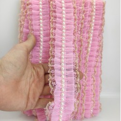 Pembe Sarı Simli İncili Fırfır Kurdele-FK-140