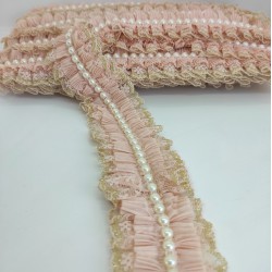 Pudra Sarı Simli İncili Fırfır Kurdele-FK-142