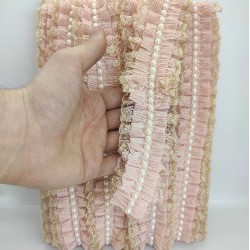 Pudra Sarı Simli İncili Fırfır Kurdele-FK-142