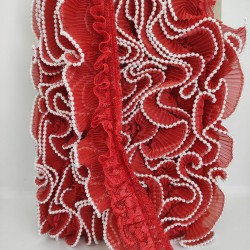 Kırmızı Dantelli İncili Plise Fırfır Kurdele-FK-149