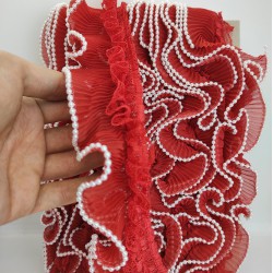 Kırmızı Dantelli İncili Plise Fırfır Kurdele-FK-149