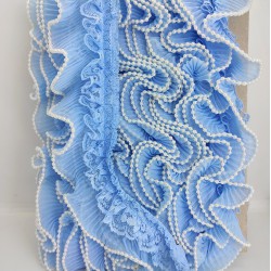 Mavi Dantelli İncili Plise Fırfır Kurdele-FK-153