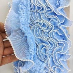 Mavi Dantelli İncili Plise Fırfır Kurdele-FK-153