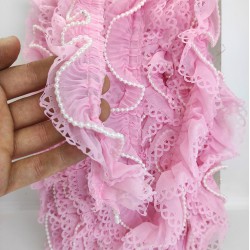 Pembe Lazer Kesim İncili Plise Fırfır Kurdele-FK-156