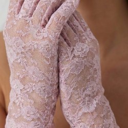 Kısa Pembe Dantel Gelin Eldiveni &ndash; Transparan Floral Desenli Zarif Nikah & D&uuml;ğ&uuml;n Aksesuarı-FLORAL-1