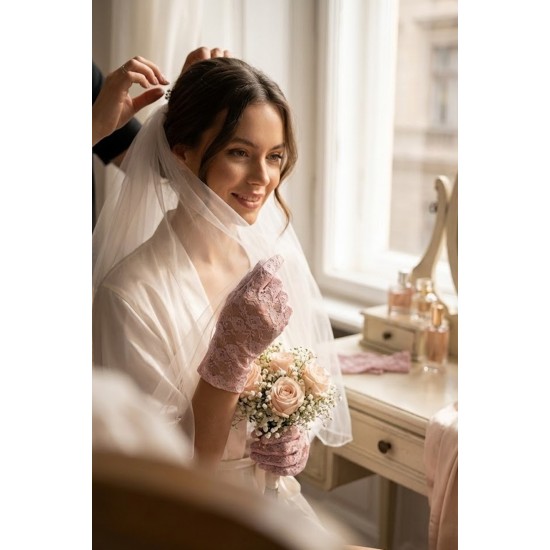 Kısa Pembe Dantel Gelin Eldiveni &ndash; Transparan Floral Desenli Zarif Nikah & D&uuml;ğ&uuml;n Aksesuarı-FLORAL-1