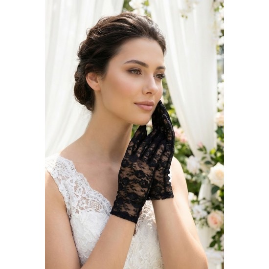 Kısa Siyah Dantel Gelin Eldiveni &ndash; Transparan Floral Desenli Zarif Nikah & D&uuml;ğ&uuml;n Aksesuarı-FLORAL-2