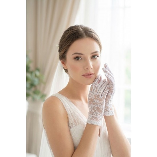 Kısa Beyaz Dantel Gelin Eldiveni &ndash; Transparan Floral Desenli Zarif Nikah & D&uuml;ğ&uuml;n Aksesuarı-FLORAL-3