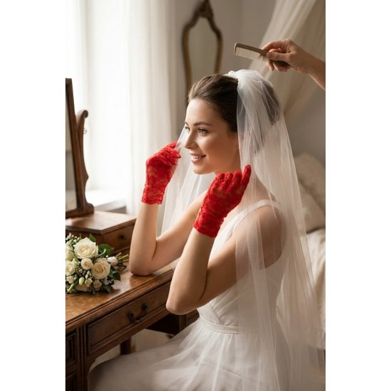 Kısa Kırmızı Dantel Gelin Eldiveni &ndash; Transparan Floral Desenli Zarif Nikah & D&uuml;ğ&uuml;n Aksesuarı-FLORAL-4