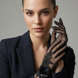 Florienne Siyah Lace T&uuml;l Gelin Eldiveni &ndash; İşlemeli &Ccedil;i&ccedil;ek & İnci Detaylı Şık Nikah Aksesuarı-FLORIENNE-1