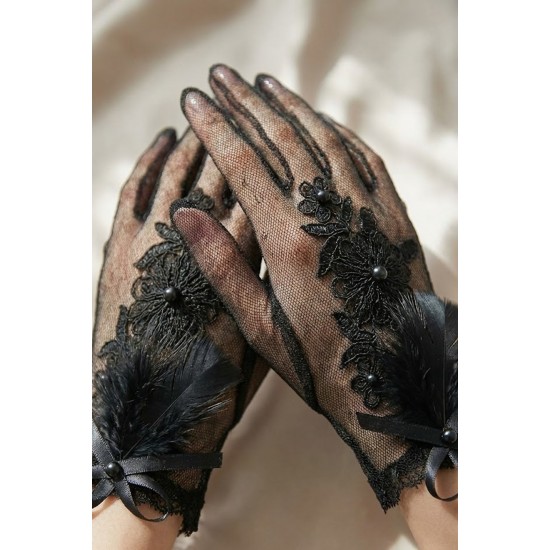 Florienne Siyah Lace T&uuml;l Gelin Eldiveni &ndash; İşlemeli &Ccedil;i&ccedil;ek & İnci Detaylı Şık Nikah Aksesuarı-FLORIENNE-1