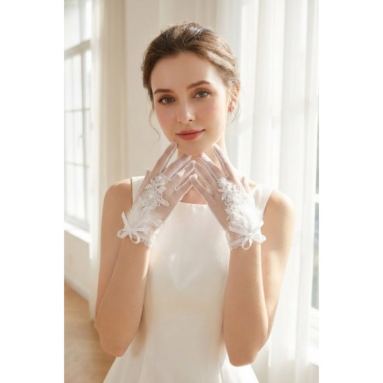 Florienne Beyaz Lace T&uuml;l Gelin Eldiveni &ndash; İşlemeli &Ccedil;i&ccedil;ek & İnci Detaylı Şık Nikah Aksesuarı-FLORIENNE-2
