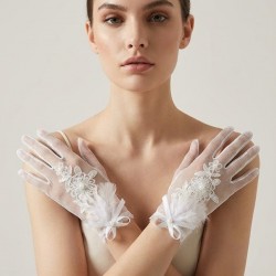 Florienne Beyaz Lace T&uuml;l Gelin Eldiveni &ndash; İşlemeli &Ccedil;i&ccedil;ek & İnci Detaylı Şık Nikah Aksesuarı-FLORIENNE-2