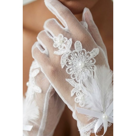 Florienne Beyaz Lace T&uuml;l Gelin Eldiveni &ndash; İşlemeli &Ccedil;i&ccedil;ek & İnci Detaylı Şık Nikah Aksesuarı-FLORIENNE-2
