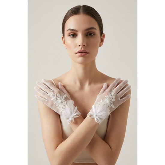 Florienne Beyaz Lace T&uuml;l Gelin Eldiveni &ndash; İşlemeli &Ccedil;i&ccedil;ek & İnci Detaylı Şık Nikah Aksesuarı-FLORIENNE-2