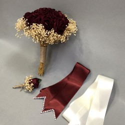 Bordo Kadife Güllü Gelin Çiçeği ve Takı Kurdelesi-GBKT-1114