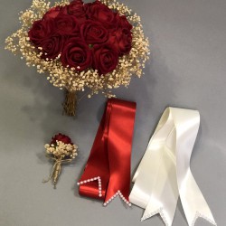 Kırmızı Kadife Güllü Gelin Çiçeği ve Takı Kurdelesi-GBKT-1115