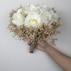Beyaz Güllü Cipsolu Gelin Buketi-GBKT-1123