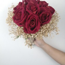 Kırmızı Kadife Gül Yapraklı Cipsolu Gelin Buketi-GBKT-1125