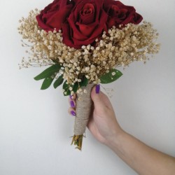 Kırmızı Kadife Gül Yapraklı Cipsolu Gelin Buketi-GBKT-1125