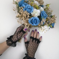 Mavi Beyaz Güllü Cipsolu Gelin Çiçeği ve Siyah Eldiven Takımı-GBKT-1137