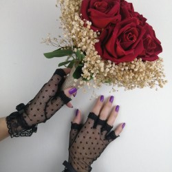Kırmızı Kadife Güllü Cipsolu Gelin Çiçeği ve Siyah Eldiven Takımı -GBKT-1140