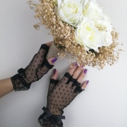 Beyaz Güllü Cipsolu Gelin Buketi ve Siyah Eldiven Takımı-GBKT-1141