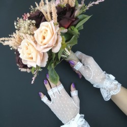 Eftelya Model Renkli Gelin Çiçeği ve Beyaz Kısa Eldiven Takımı-GBKT-1145