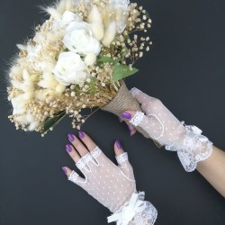 Beyaz Güllü Pamuk Otlu Gelin Buketi ve Beyaz Kısa Eldiven Takımı-GBKT-1146