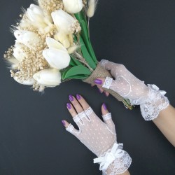 Islak Lale Cipslu Gelin Buketi ve Beyaz Kısa Eldiven Takımı-GBKT-1148