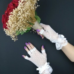 Kırmızı Kadife Güllü Krem Cipsolu Gelin Çiçeği ve Beyaz Kısa Eldiven Takımı-GBKT-1149