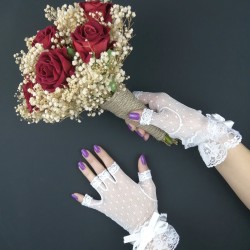 Kırmızı Kadife Güllü Cipsolu Gelin Çiçeği ve Beyaz Kısa Eldiven Takımı -GBKT-1150