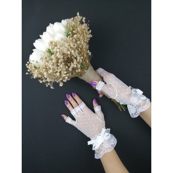 Islak Lale Krem Cipsolu Gelin Çiçeği ve Beyaz Kısa Eldiven Takımı-GBKT-1151