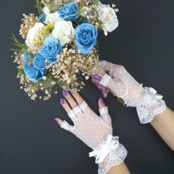 Mavi Beyaz Güllü Cipsolu Gelin Çiçeği ve Beyaz Kısa Eldiven Takımı-GBKT-1152