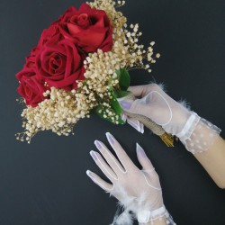 Kırmızı Kadife Güllü Krem Cipsolu Gelin Çiçeği ve Beyaz Tüylü Eldiven Takımı -GBKT-1156