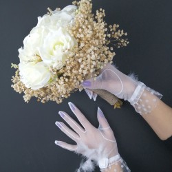 Beyaz Güllü Cipsolu Gelin Buketi ve Beyaz Tüylü Eldiven Takımı-GBKT-1158