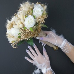 Beyaz Güllü Pamuk Otlu Gelin Buketi ve Beyaz Tüylü Eldiven Takımı-GBKT-1159