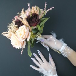 Eftelya Model Renkli Gelin Çiçeği ve Beyaz Tüylü Eldiven Takımı-GBKT-1160