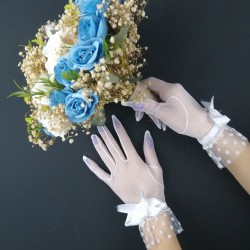 Mavi Beyaz Güllü Cipsolu Gelin Çiçeği ve Beyaz Fiyonklu Eldiven Takımı-GBKT-1161